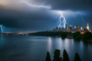 fulmine scioperi al di sopra di il città orizzonte e acqua. ai-generato foto