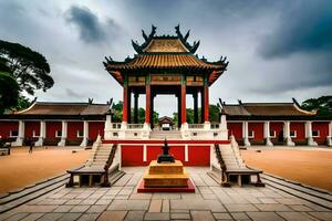 un' Cinese tempio con un' rosso tetto e un' statua. ai-generato foto