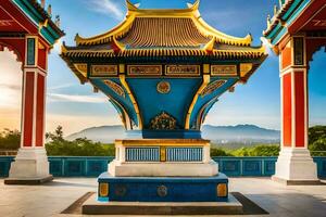 un' Cinese pagoda con blu e oro decorazioni. ai-generato foto