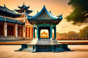 un' Cinese stile edificio con un' pagoda nel davanti di esso. ai-generato foto
