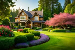 un' bellissimo Casa con lussureggiante verde prato e alberi. ai-generato foto