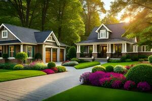 un' bellissimo casa con un' bellissimo giardino. ai-generato foto