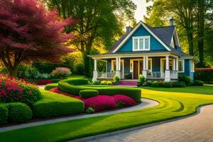 un' bellissimo blu Casa con un' giardino e paesaggio. ai-generato foto