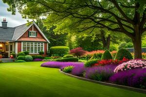 un' bellissimo giardino con fiori e alberi. ai-generato foto