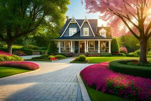 un' bellissimo Casa con rosa fiori e alberi. ai-generato foto