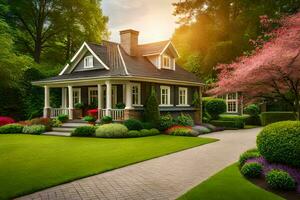un' bellissimo Casa con un' bellissimo giardino e fiori. ai-generato foto