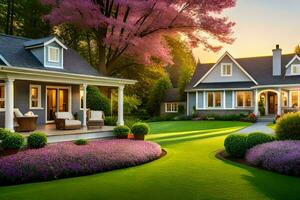 un' bellissimo casa con un' prato e fiori. ai-generato foto