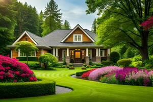 un' bellissimo Casa con lussureggiante verde prato e fiori. ai-generato foto