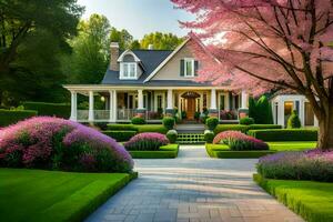 un' bellissimo Casa con rosa alberi e un' percorso. ai-generato foto