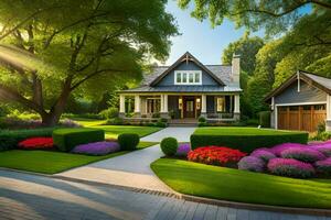 un' bellissimo casa con un' viale e paesaggio. ai-generato foto