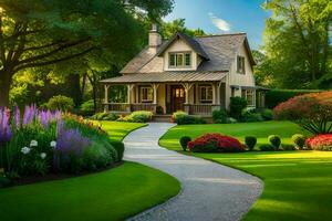 un' bellissimo giardino con un' Casa e fiori. ai-generato foto
