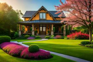 un' bellissimo Casa con fiori e alberi nel il davanti cortile. ai-generato foto