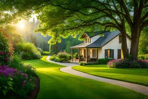 un' bellissimo Casa con un' sentiero principale per esso. ai-generato foto