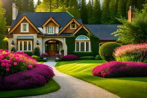 un' bellissimo Casa con fiori e alberi nel il davanti cortile. ai-generato foto