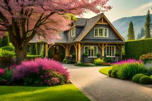 un' bellissimo Casa con rosa fiori e alberi. ai-generato foto