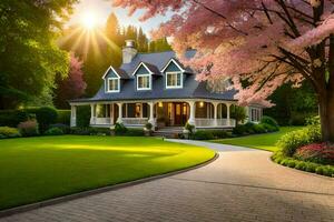 un' bellissimo Casa con un' viale e alberi. ai-generato foto