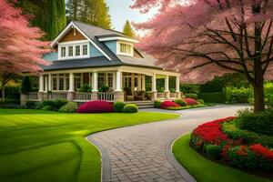 un' bellissimo Casa con rosa alberi e fiori. ai-generato foto