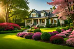 bellissimo paesaggio con un' Casa e fiori. ai-generato foto