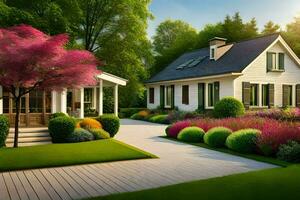 un' Casa con un' giardino e alberi. ai-generato foto