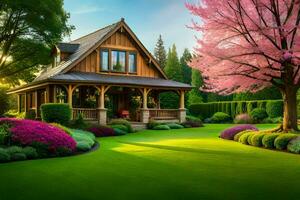 un' bellissimo Casa con un' prato e alberi. ai-generato foto