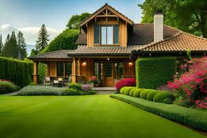 un' bellissimo Casa con lussureggiante verde prato e fiori. ai-generato foto