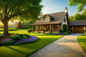 un' bellissimo casa con un' viale e alberi. ai-generato foto