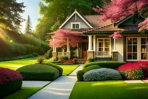 un' bellissimo Casa con un' giardino e fiori. ai-generato foto