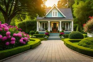 bellissimo giardino con Casa e fiori nel il mattina. ai-generato foto