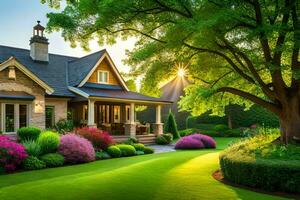 un' bellissimo casa con lussureggiante verde prato e alberi. ai-generato foto