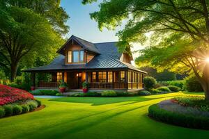 un' bellissimo Casa con lussureggiante verde prato e alberi. ai-generato foto