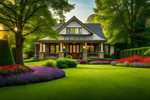 un' bellissimo Casa con lussureggiante verde prato e fiori. ai-generato foto