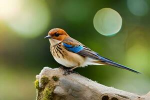 un' piccolo uccello con un' blu e bianca testa. ai-generato foto