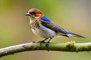 un' piccolo uccello con un' blu e bianca testa. ai-generato foto