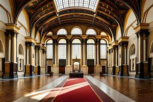 il interno di un' grande edificio con un' rosso tappeto. ai-generato foto