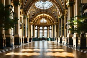 il interno di un' grande edificio con arcuato finestre. ai-generato foto