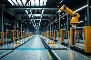 un' grande industriale magazzino con robotica braccia. ai-generato foto