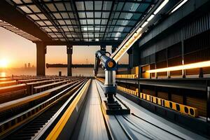 un' treno è in movimento lungo un' traccia a tramonto. ai-generato foto