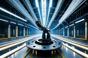 industriale robot nel un' fabbrica con luminosa luci. ai-generato foto