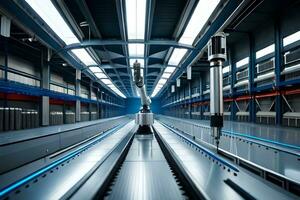 un' lungo trasportatore cintura nel un' fabbrica. ai-generato foto