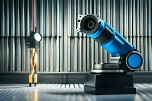 un' blu robot è seduta su un' metallo In piedi. ai-generato foto