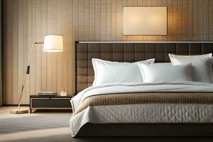 un' moderno Camera da letto con un' letto, comodino e lampada. ai-generato foto
