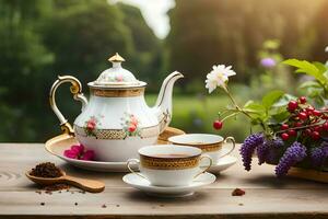 tè e caffè su un' di legno tavolo nel il giardino. ai-generato foto