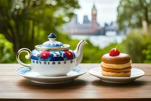 un' tazza di tè e un' piatto di ciambelle su un' tavolo con un' Visualizza di il città. ai-generato foto