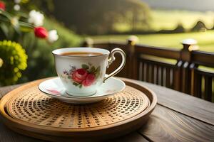 tè tazza su un' di legno vassoio con fiori. ai-generato foto