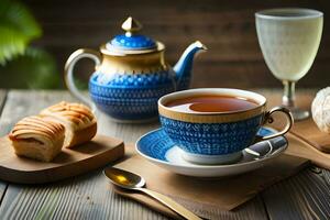 un' tazza di tè e un' tazza di caffè su un' di legno tavolo. ai-generato foto