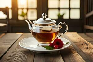 un' teiera con un' tazza di tè su un' di legno tavolo. ai-generato foto