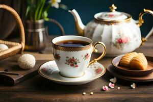 un' tazza di tè e un' piatto con biscotti su un' di legno tavolo. ai-generato foto