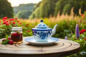 tè e marmellata su un' tavolo nel il giardino. ai-generato foto