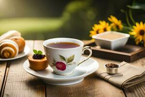 un' tazza di tè e un' piatto con un' Pasticcino su un' di legno tavolo. ai-generato foto