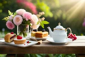 un' tazza di tè e torta su un' tavolo con fiori nel il sfondo. ai-generato foto